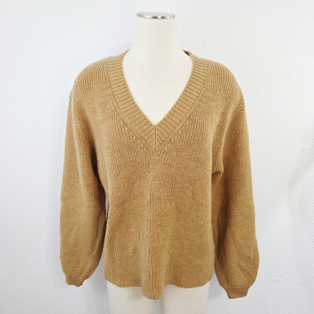 ICHI Ihemma Wool Sweater Camel Tan Knit Balloon Sleeves V-neck Size XL